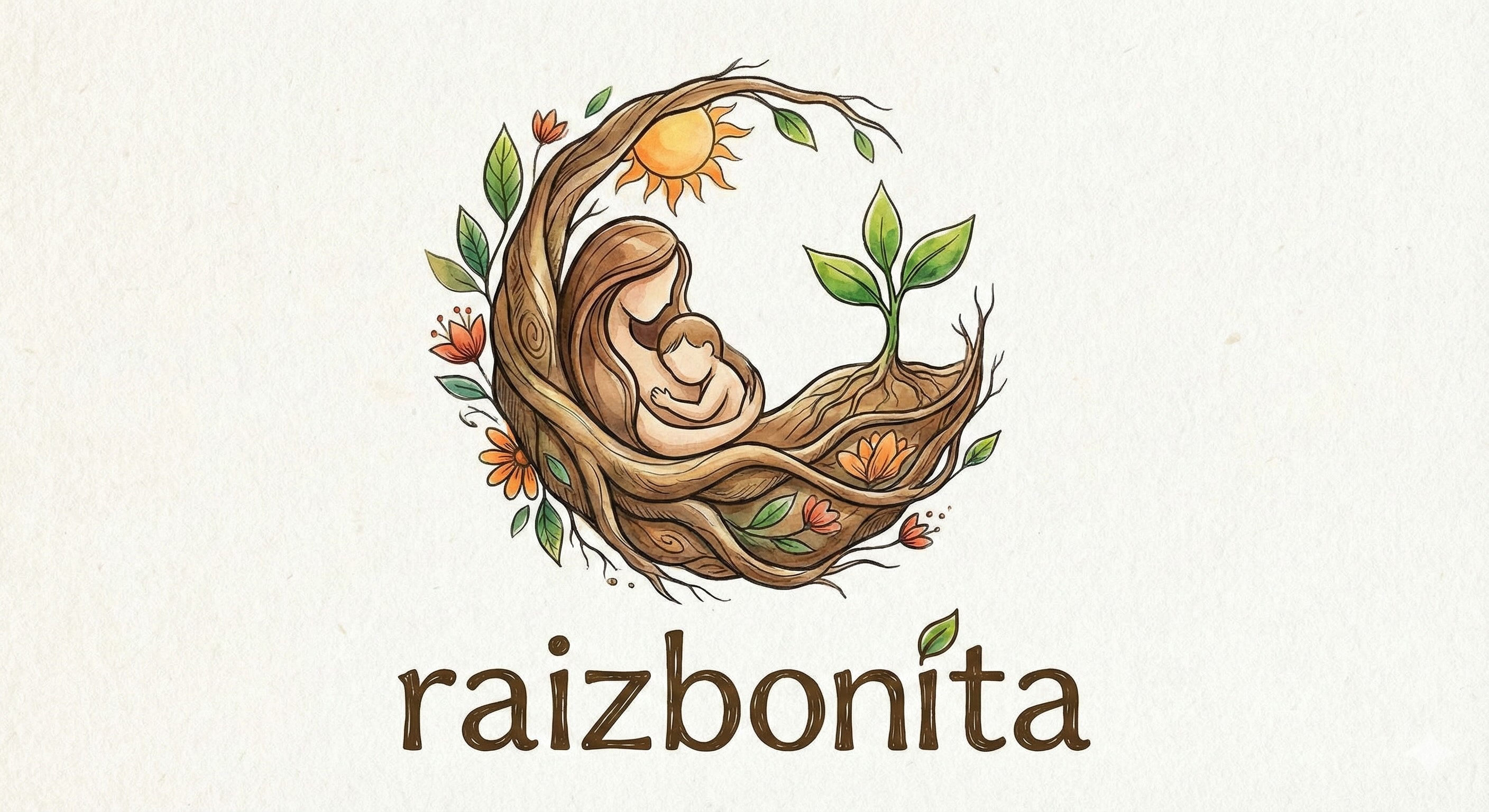 Logo de Raizbonita - Una madre y su hijo abrazados dentro de raíces y naturaleza
